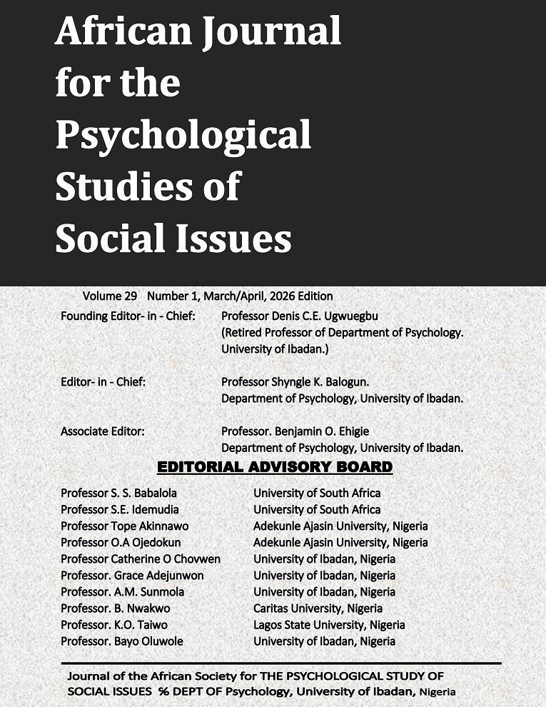 					View Vol. 29 No. 1 (2026): AFRICAN JOURNAL FOR THE PSYCHOLOGICAL STUDIES OF SOCIAL ISSUES
				